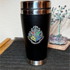 Hogwarts Medallion Crest Faux Leather Wrap Travel Tumbler Slide Open Lid 16 Oz